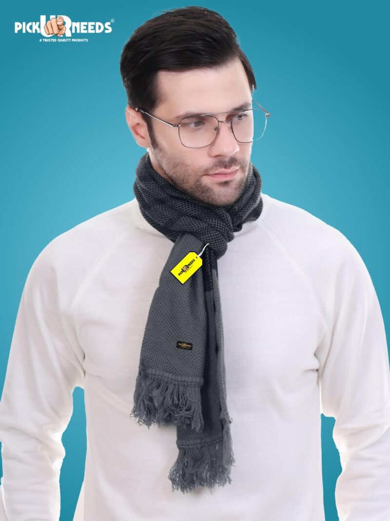 Premium Men's Warm And Stylish Woolen Muffler Angoora With Solid Color Plain Design And Stylish Tussles Ends Muffler For Men (BlackGrey) - Image 5