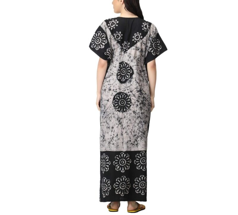 The India's Store Women Batik Kaftan Cotton Night Suit Night Dress Long Caftan Nighty Maxi (White & Black) - Image 2