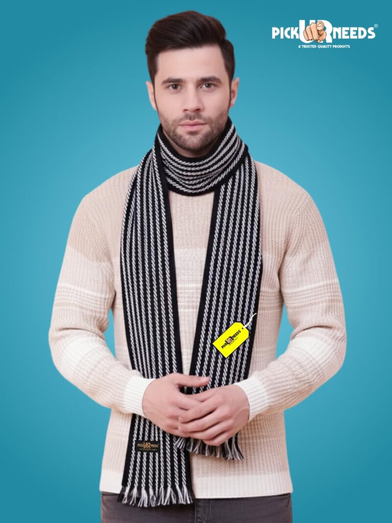 Premium Men's Warm And Stylish Woolen Muffler With Multicolour Stripes And Stylish Tussles Ends - 70 Inches * 11 Inches (P19) - Image 4