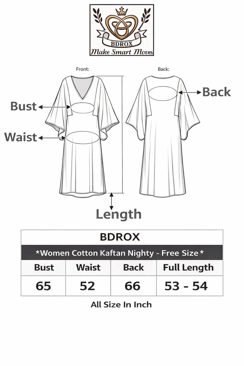 BDROX Women’s Black Cotton Kaftan Nighty Maxi Dress | Loose Fit Printed Lounge Wear | Breathable Summer Sleepwear | Free Size Comfortable House Dress - Image 7