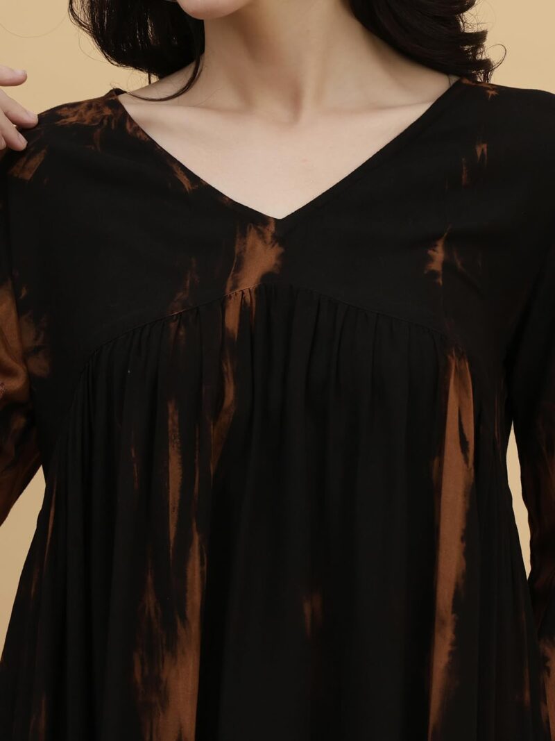 Maaesa Women Black Handcrafted Tie & Dye Rayon Staple V-Neck A-Line Dress | Casual & Office Wear | Lightweight & Breathable Fabric - Image 4