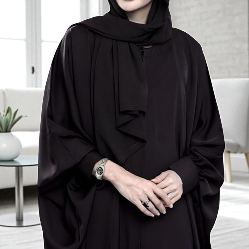 Musheco Black Kaftan Style Front-Open Abaya in Nida Satin Fabric with Zipper – One Size Modest Wear for Women - Image 3