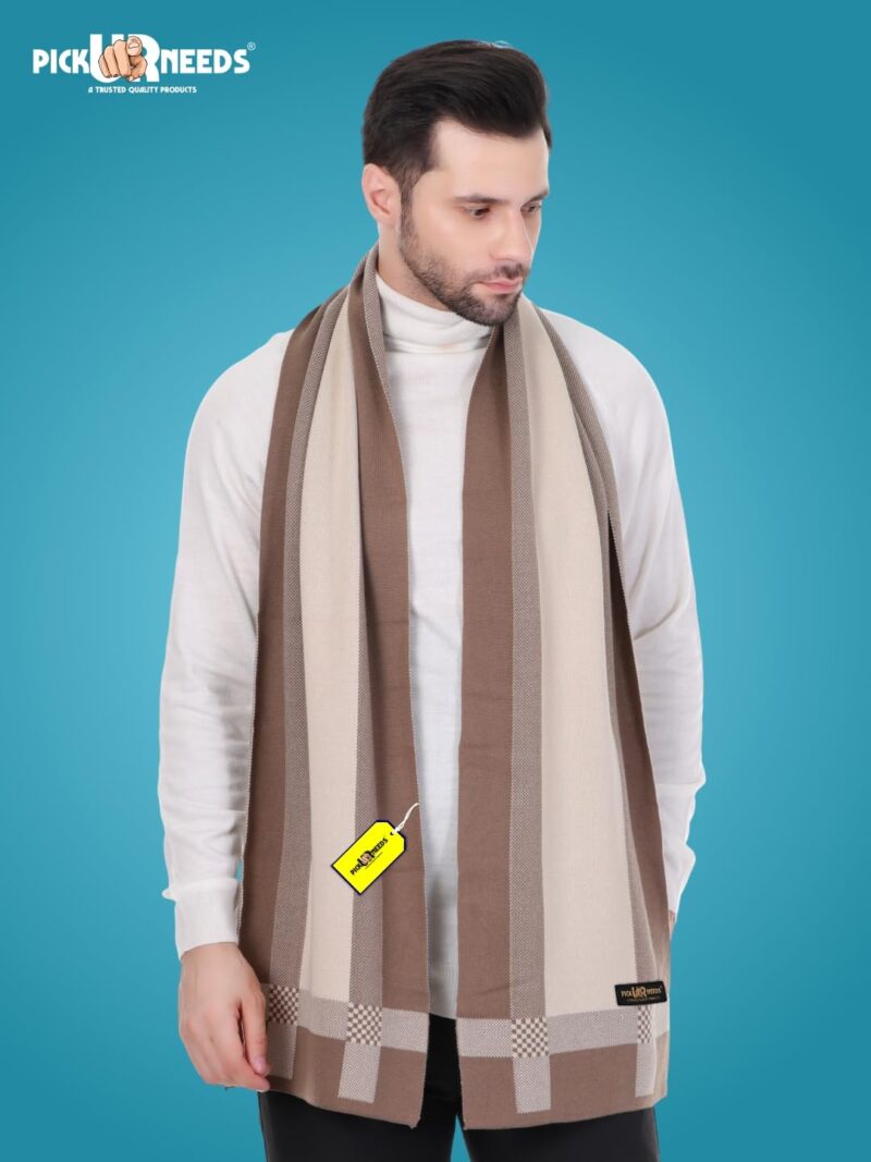 Men’s Premium Winter Wool Muffler – Soft & Warm Knitted Scarf for Casual, Office & Travel Stylish Stripe Design (Cream) - Image 3