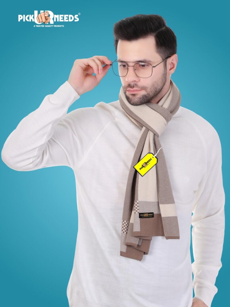 Men’s Premium Winter Wool Muffler – Soft & Warm Knitted Scarf for Casual, Office & Travel Stylish Stripe Design (Cream) - Image 5