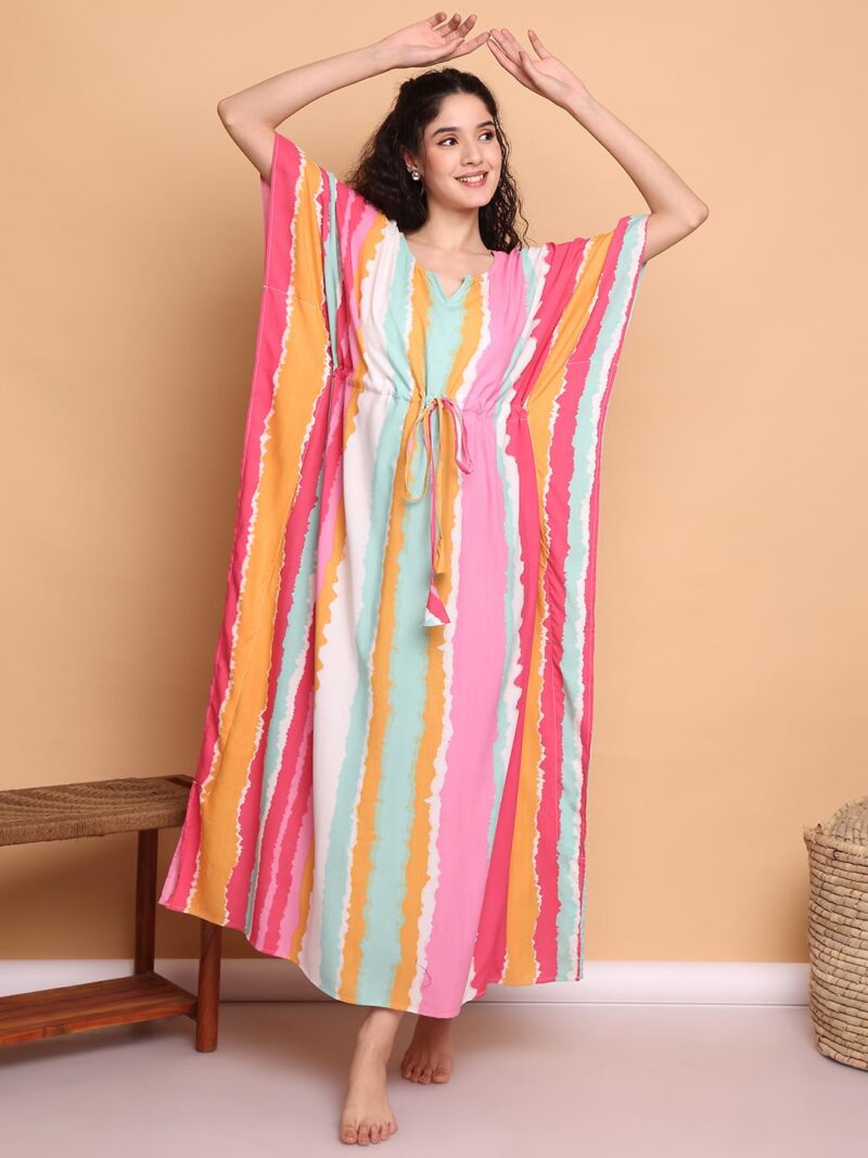 Secret Wish Multi Striped Rayon Kaftan/Free Size/Printed/Drawstring/Nightdress/Nightwear/Full Length - Image 2