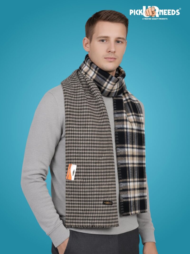 Reversible Winter Muffler for Men | Premium Soft Wool Blend Scarf | Dual-Design Check & Houndstooth Pattern | Warm & Stylish Winter Neck Wrap (Black) - Image 5