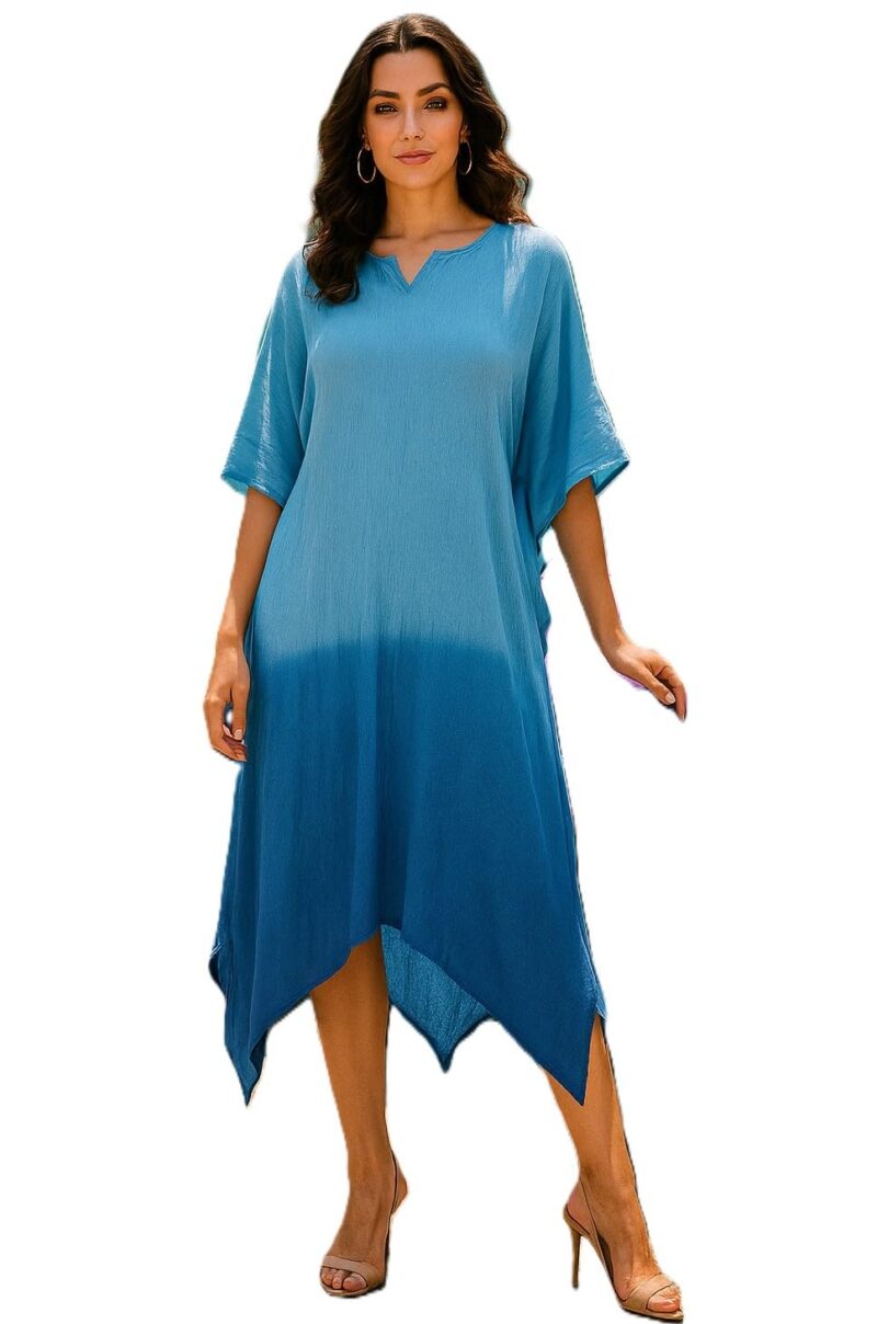 Maaesa Women Handcrafted Blue Tie & Dye Rayon Kaftan Dress | Casual Wear | Flowy Kaftan Style | Lightweight & Breathable Fabric