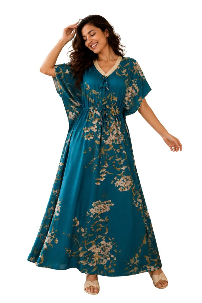 Noty® Women’s Printed Kaftan Nightwear | Long Lounge Dress with Drawstring Waist | Soft Lightweight V-Neck Nightdress for Women Teal