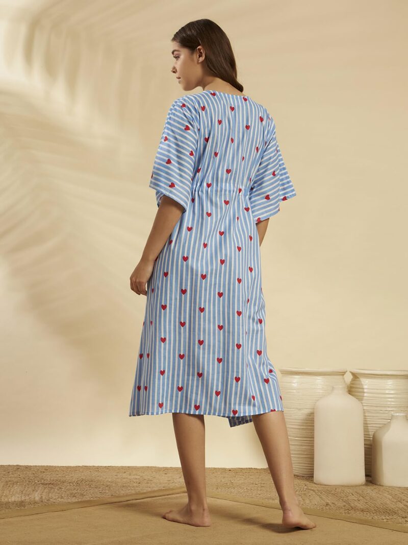 Ravaiyaa - Attitude is everything Women Blue White Striped & Heart Printed Cotton V-Neck Knee Length Kaftan Dress Nighty | Vacation Wear | Beach Wear - Image 6