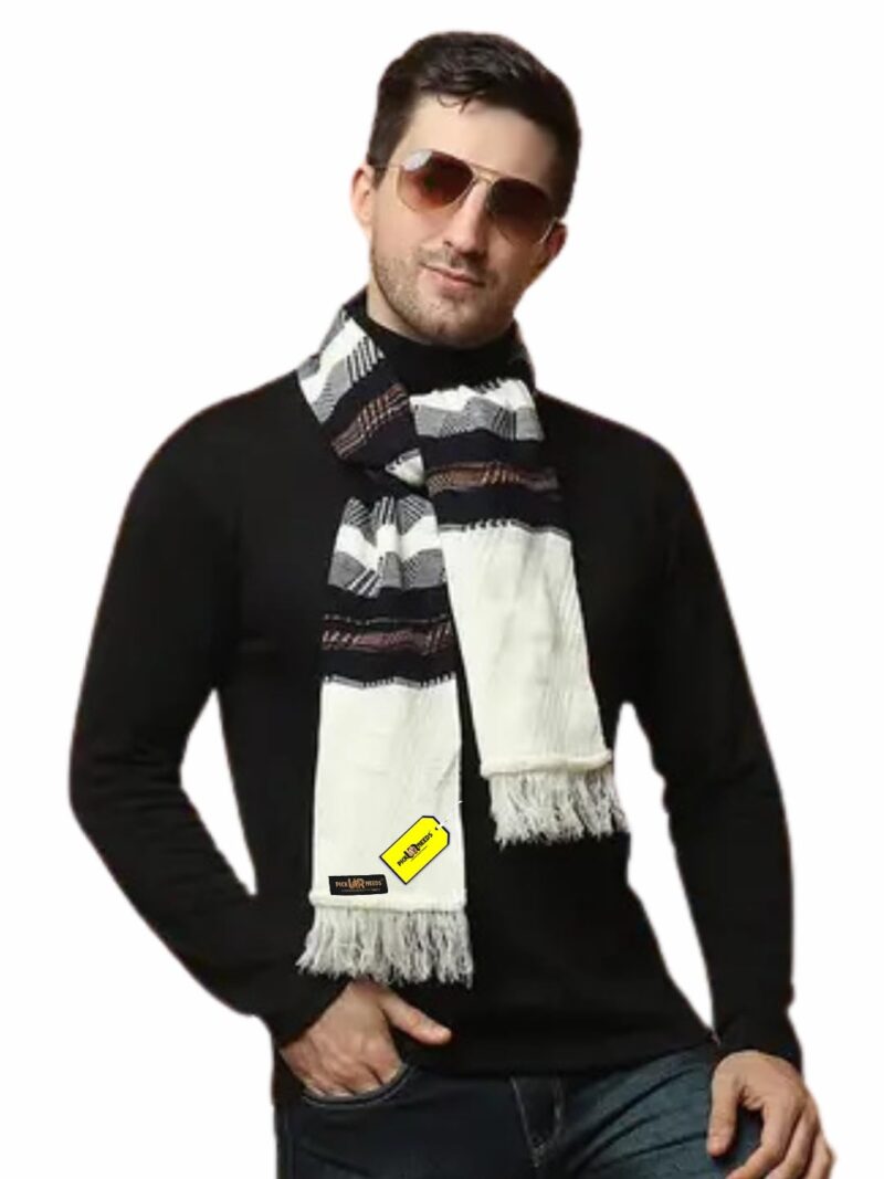 Soft Warm Wool Blend Scarf Premium Knitted Winter Muffler for Men with Stylish Geometric Pattern Trendy Casual & Formal Winter Wear Mufflers (White)