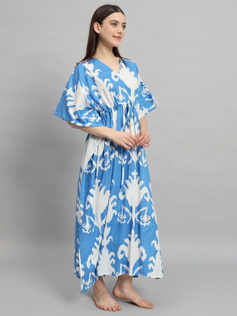 Ravaiyaa - Attitude is everything Women's 100% Cotton Printed Kimono Sleeves V-Neck with Adjustable Drawstring Long Kaftan (White Turquoise) - Image 3