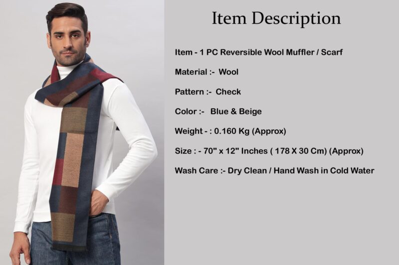 Ravaiyaa - Attitude is everything Men's Reversible Checks Pattern Winter Wool Scarf, Muffler 72"x12" Inch (Blue & Beige) - Image 7