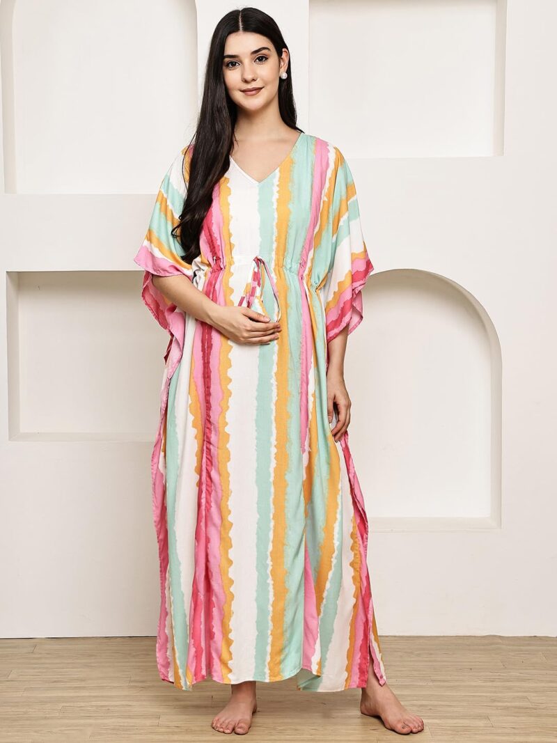 Secret Wish Multi-Coloured Striped Rayon Maternity Kaftan/Maxi Nighty/Free Size/Feeding/Nursing/Zipper/Drawstring - Image 2
