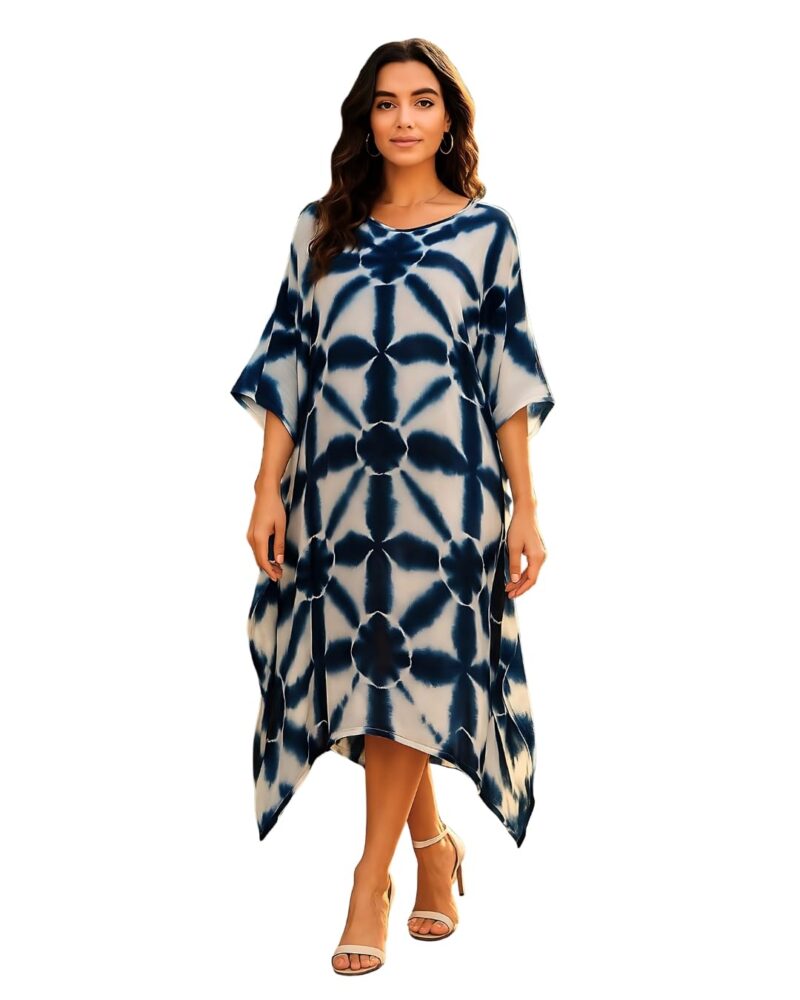Maaesa Women Navy Blue & White Handcrafted Tie-Dye Rayon Loose Fit Kaftan Dress | V-Neck | Flowy Kaftan Style | Lightweight & Breathable Fabric | Casual Wear