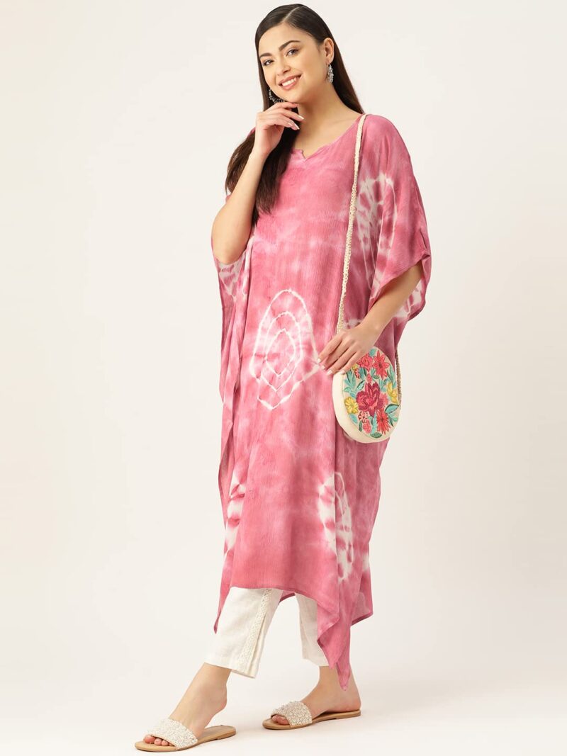 Maaesa Women Tie And Dye Loosefit Crepe Kaftan Relaxed Fit Kurta (Pink-White, Large) - Image 5
