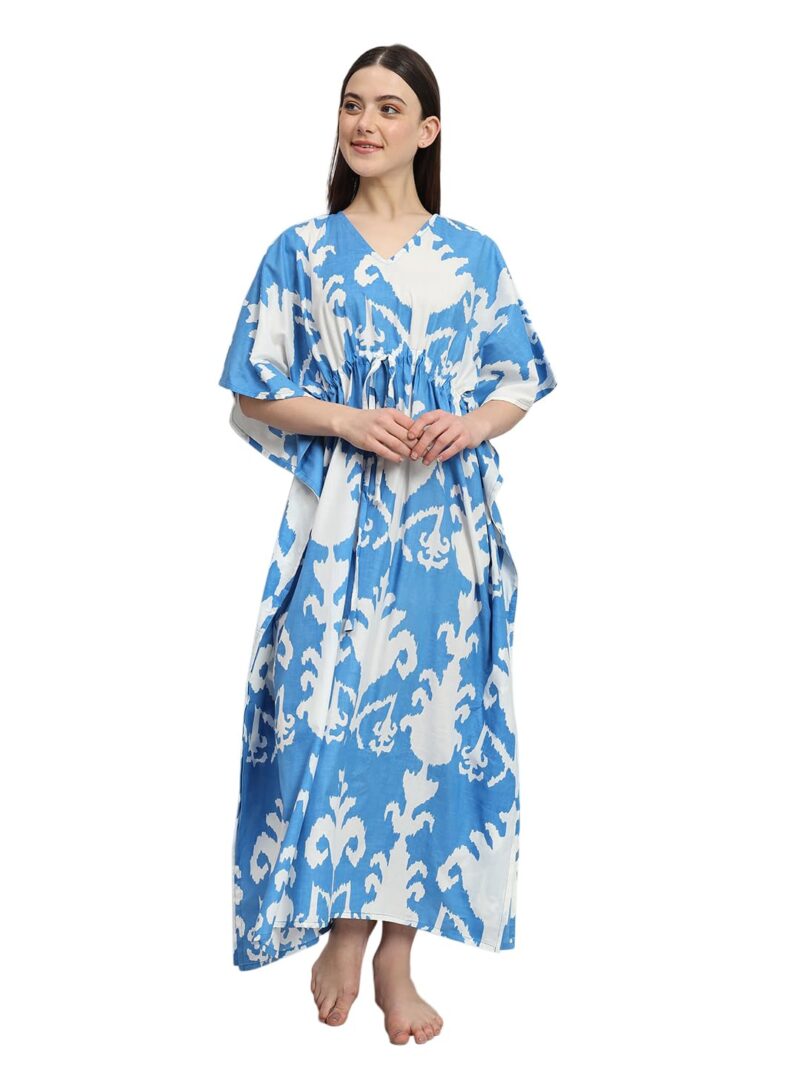 Ravaiyaa - Attitude is everything Women's 100% Cotton Printed Kimono Sleeves V-Neck with Adjustable Drawstring Long Kaftan (White Turquoise)