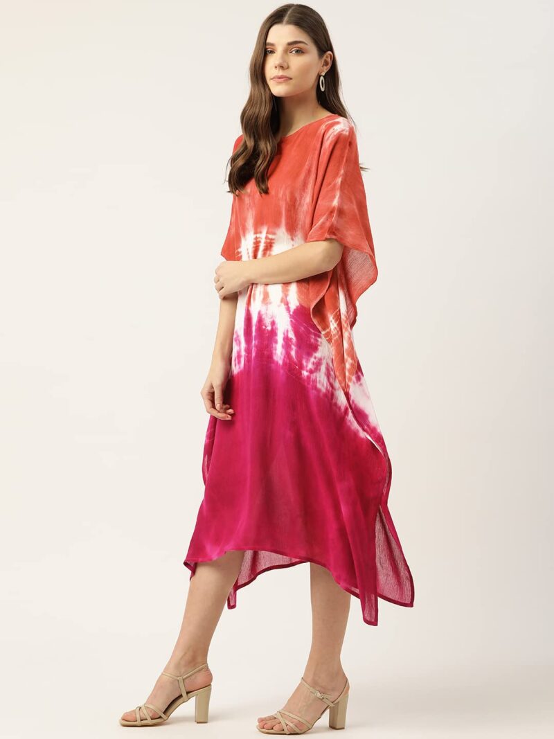 Maaesa Women Handcrafted Tie & Dye Rayon Kaftan Dress | Casual Wear | Flowy Kaftan Style | Lightweight & Breathable Fabric Wine Brown - Image 3