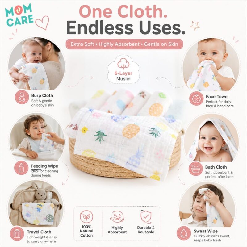 MOM CARE Baby Napkins for New Born | 6 Layer Muslin Baby Burping Cloth for New Born | Ultra Soft Reusable Cotton Face Towel | Highlys Absorbent Washcloth Feeding Wipes for Babies | Pack of 3 - Image 9