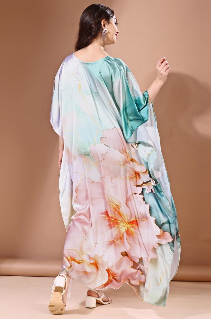 Label Aarna Premium Soft Satin Kaftan Dress for Women / Digital Print / Free Size (M-3XL) / Hidden Adjustable Belt / Full length / Maxi / Resort Wear - Image 3