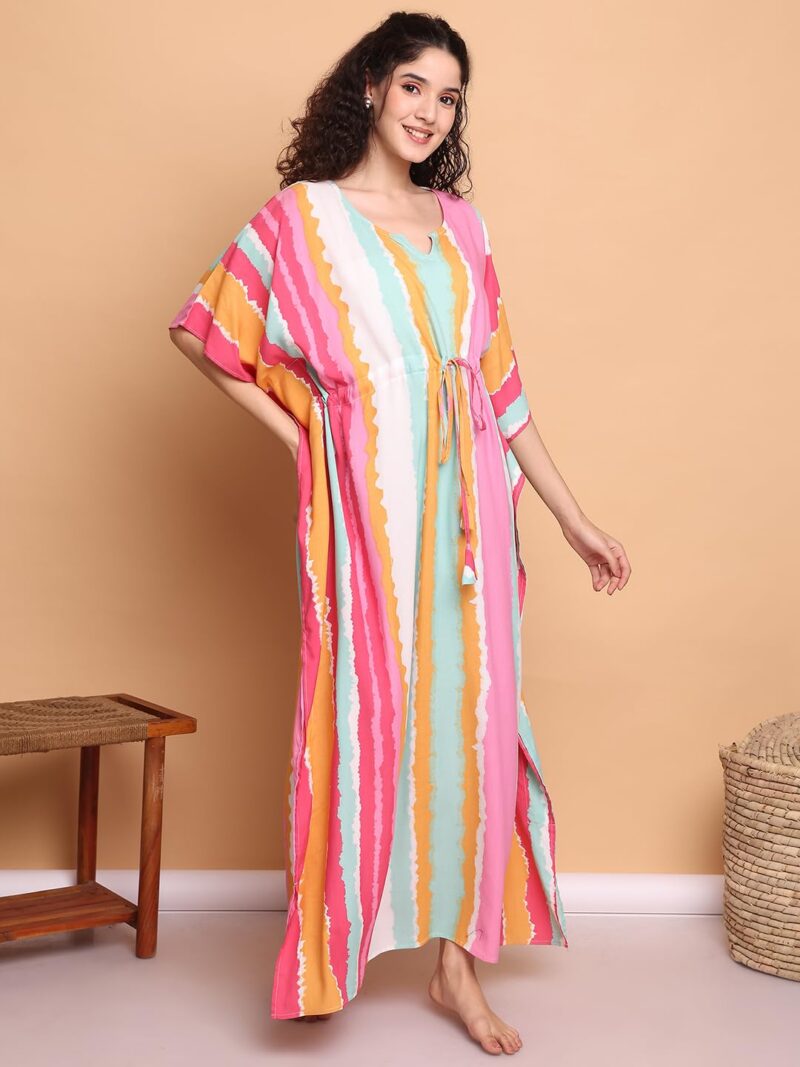 Secret Wish Multi Striped Rayon Kaftan/Free Size/Printed/Drawstring/Nightdress/Nightwear/Full Length - Image 4
