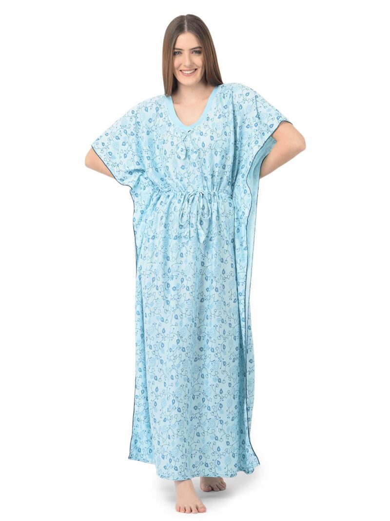 Noty Women's Soft Cotton Kaftan Maxi Nightgown Nighty Nightdress Nightwear - Cotton -V-Neck- Floral (Free Size, Mint Green)