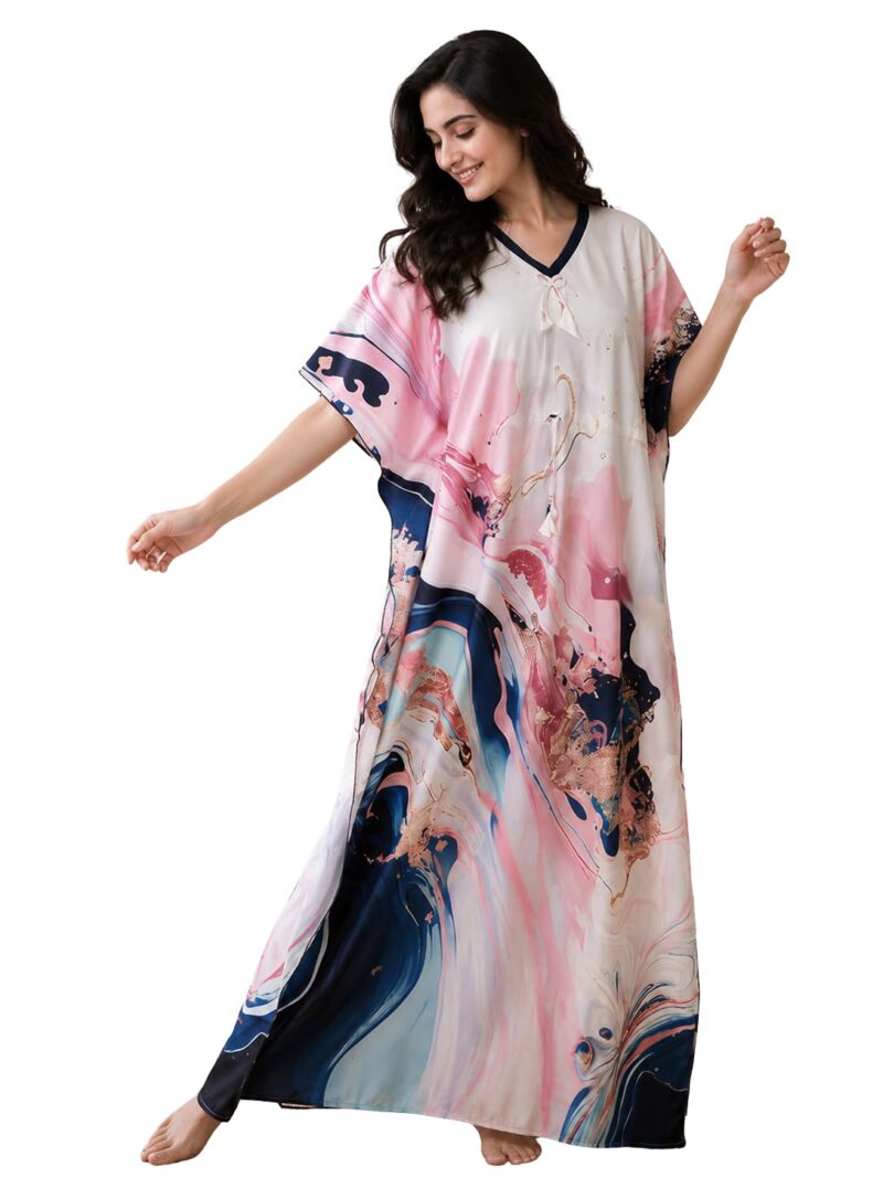 Noty ® Women's Kaftan Nighty | Digital Print | Sarena Fabric | V Shaped Neck Nightwear | Nightdress for Girl (Multicolor Blue, Free Size)