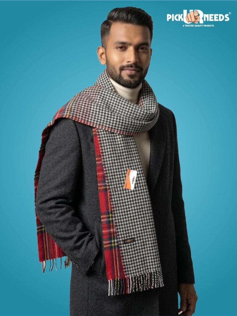 Reversible Winter Muffler for Men | Premium Soft Wool Blend Scarf | Dual-Design Check & Houndstooth Pattern | Warm & Stylish Winter Neck Wrap (Red) - Image 4