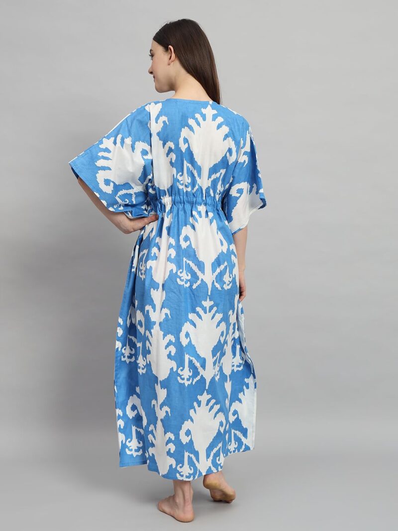 Ravaiyaa - Attitude is everything Women's 100% Cotton Printed Kimono Sleeves V-Neck with Adjustable Drawstring Long Kaftan (White Turquoise) - Image 6