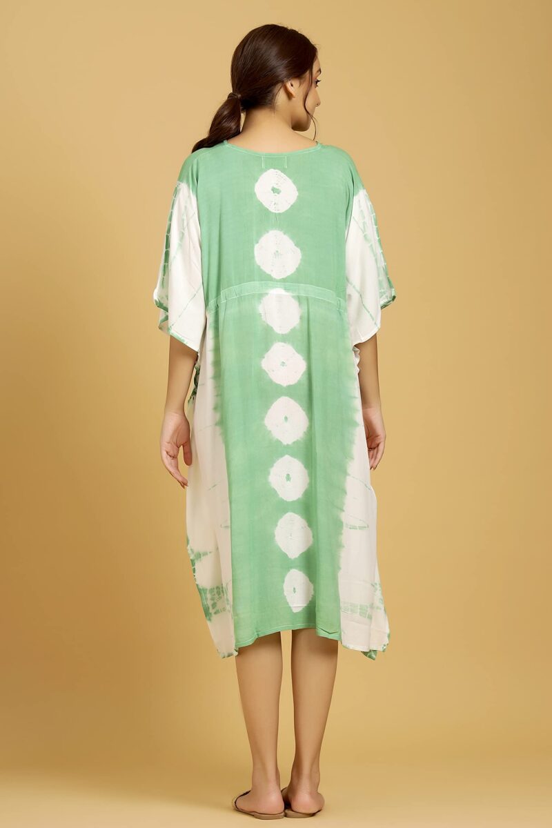 Ravaiyaa - Attitude is everything Rayon Shibori Tie Dye Short Caftan Nightwear Women's Party Dress Kaftan Maxi Gown (Green White Coin Stripe) - Image 4