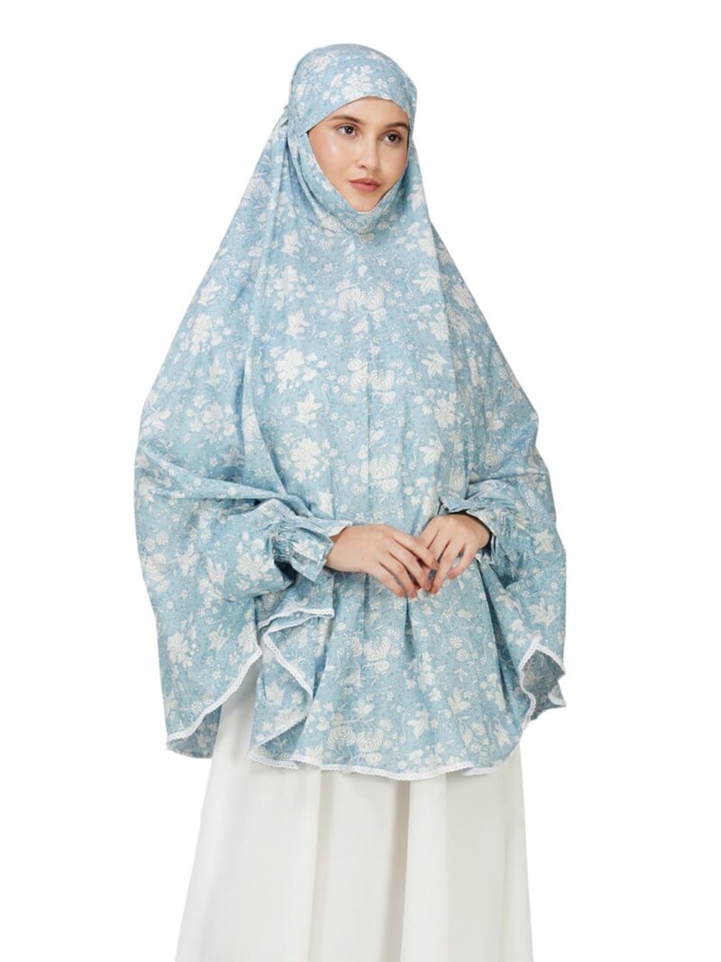 ANAApparels ANA Maham Blue Floral Prayer Dress – Pure Cotton Namaz Makhna with Tie Knot, 40″ Front × 44″ Back | Attached Sleeves | Lightweight, Breathable for Hajj, Umrah & Salah