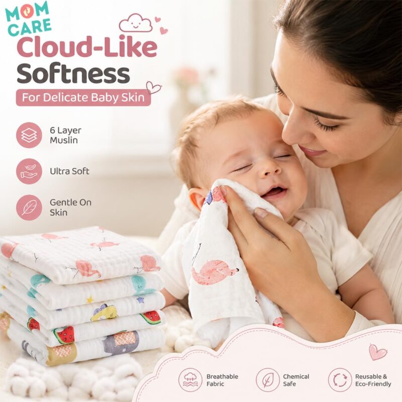 MOM CARE Muslin Cloth for New Born Baby, 6 Layer Reusable Cotton Washcloth Napkins, Face Towels, Absorbent Feeding Wipes and Burp Cloths for Baby, 30 x 30 cm, Pack of 5 - Image 9