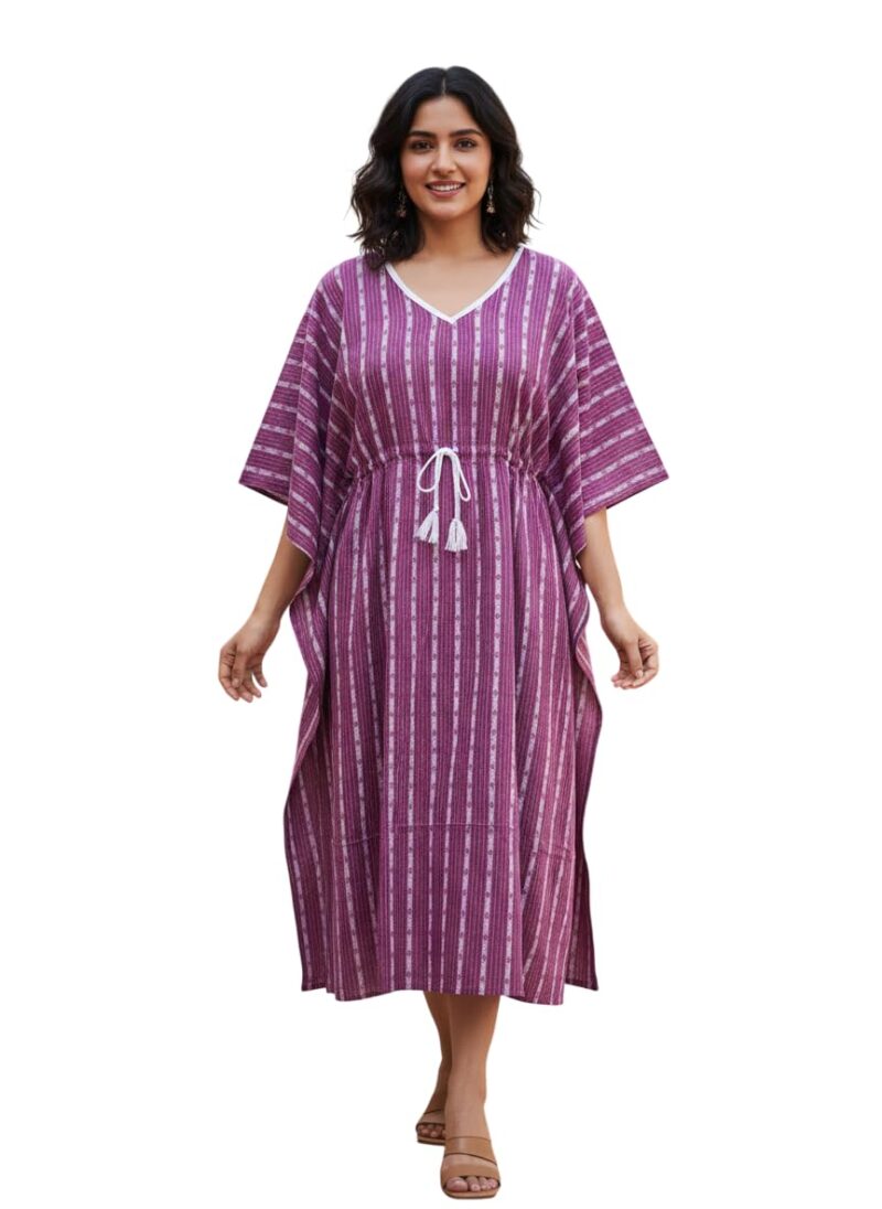 Crafts Moda Women's Cotton Kaftan - Night Dress Loungewear Relaxed Fit Midi Dress - Kantha Work Purple