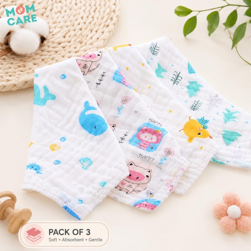 MOM CARE Baby Napkins for New Born | 6 Layer Muslin Baby Burping Cloth for New Born | Ultra Soft Reusable Cotton Face Towel | Highlys Absorbent Washcloth Feeding Wipes for Babies | Pack of 3 - Image 2