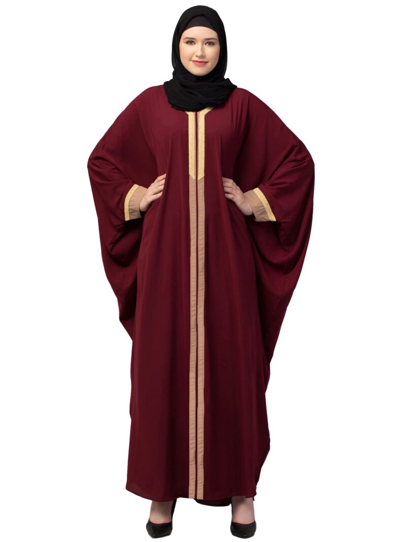 Muslim Closet Free Size Elegant Kaftan Abaya with Striped Design - Irani Kaftan Burqa for Women and Girls (Maroon)