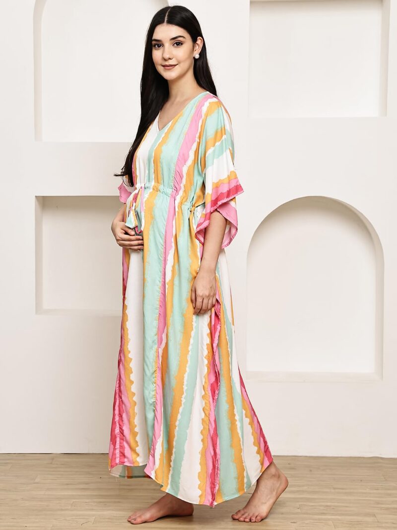 Secret Wish Multi-Coloured Striped Rayon Maternity Kaftan/Maxi Nighty/Free Size/Feeding/Nursing/Zipper/Drawstring - Image 5