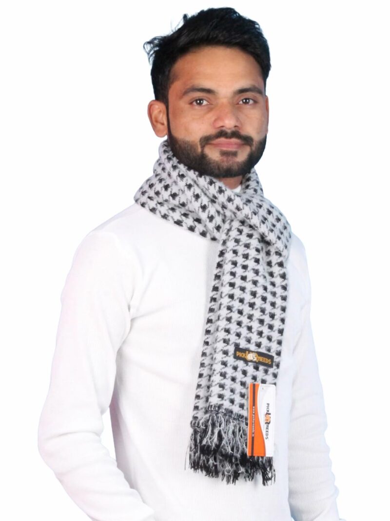 Soft Warm Woolen Premium Winter Muffler for Men Scarf with Stylish Check Pattern Long & Comfortable Cold Weather Neck Wrap (Grey Black)