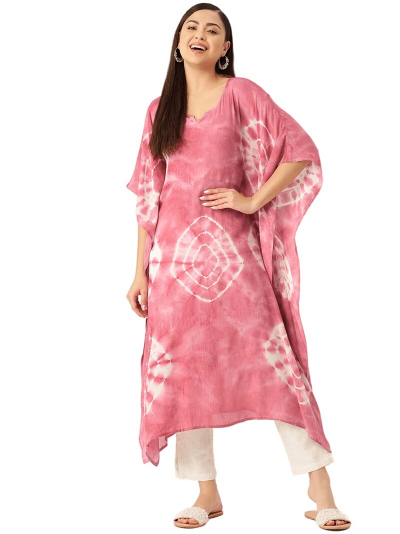 Maaesa Women Tie And Dye Loosefit Crepe Kaftan Relaxed Fit Kurta (Pink-White, Large)