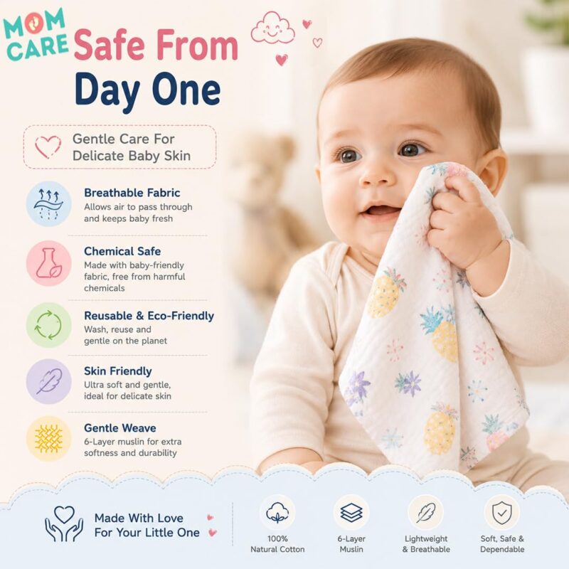 MOM CARE Muslin Cloth for New Born Baby, 6 Layer Reusable Cotton Washcloth Napkins, Face Towels, Absorbent Feeding Wipes and Burp Cloths for Baby, 30 x 30 cm, Pack of 5 - Image 5