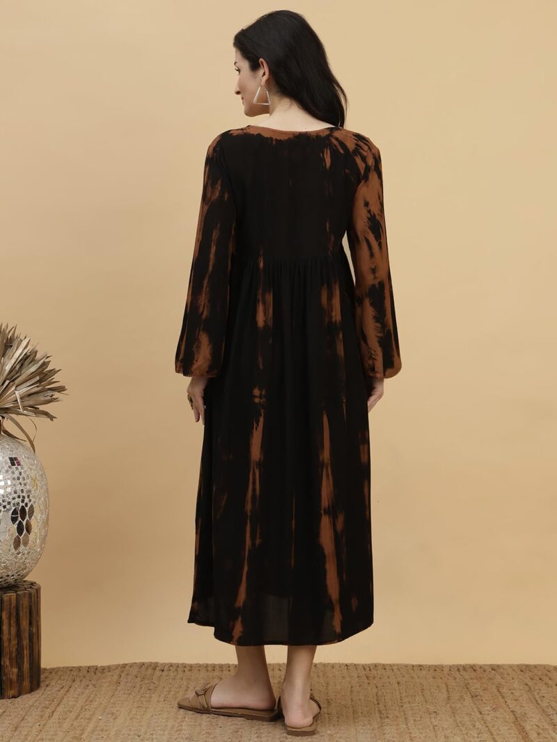 Maaesa Women Black Handcrafted Tie & Dye Rayon Staple V-Neck A-Line Dress | Casual & Office Wear | Lightweight & Breathable Fabric - Image 5