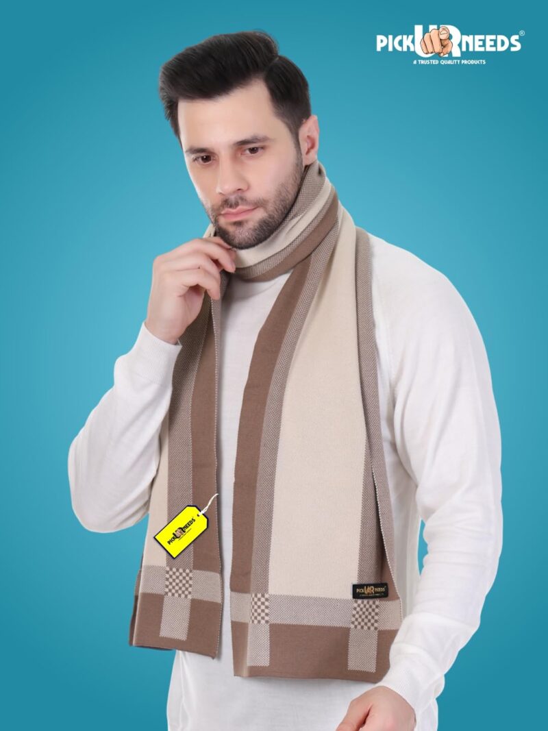 Men’s Premium Winter Wool Muffler – Soft & Warm Knitted Scarf for Casual, Office & Travel Stylish Stripe Design (Cream) - Image 4
