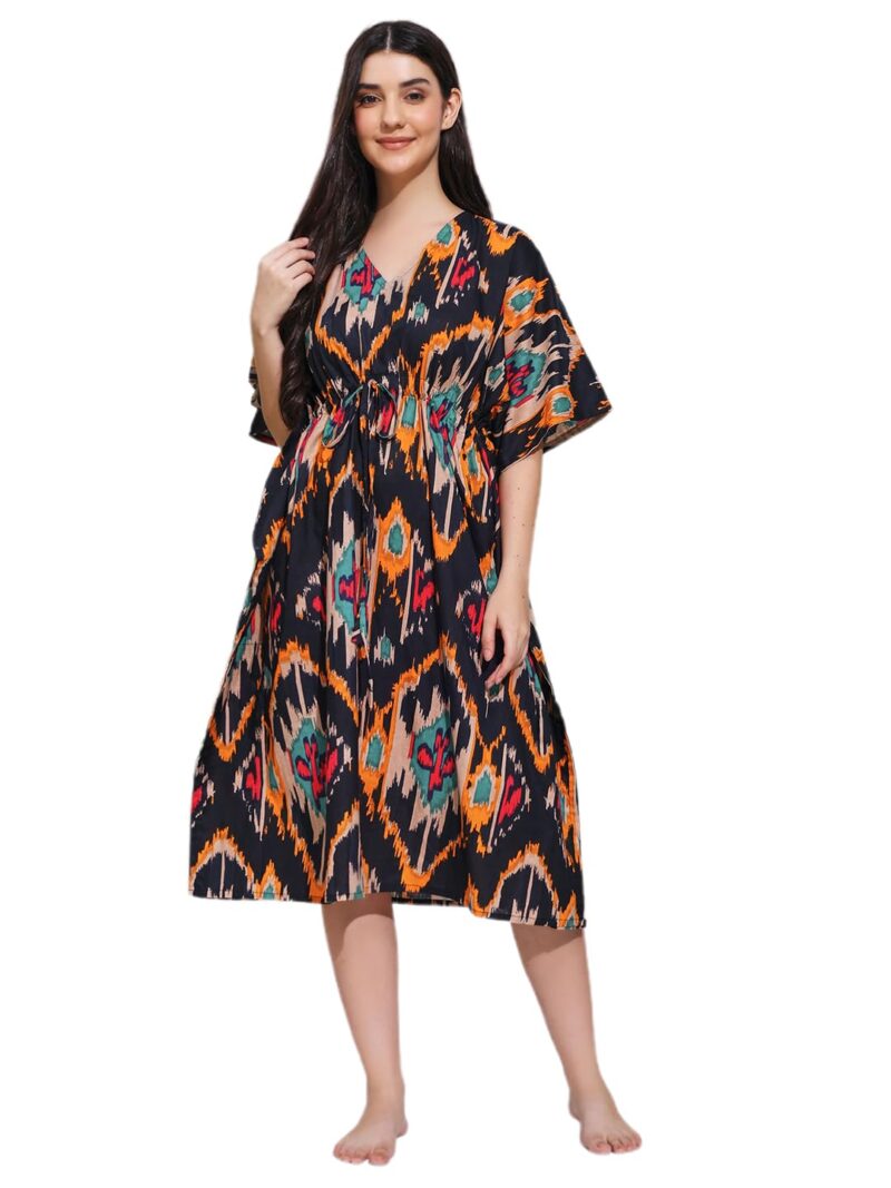 Ravaiyaa - Attitude is everything Women Black Ikat Printed Cotton V-Neck Knee Length Kaftan Dress Nighty