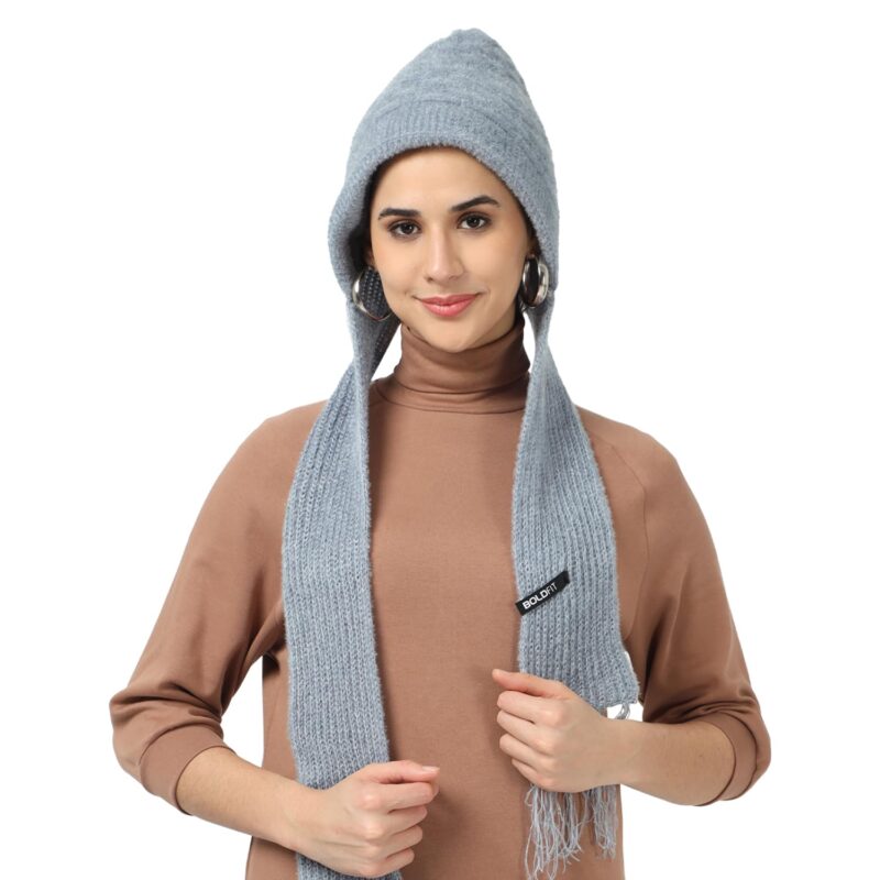 Boldfit Winter Cap for Women Woolen with Mufflers Ladies Knitted for Girls Cap, Stylish for Winter Wear Scarf - Grey