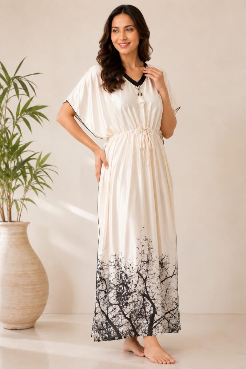 Noty ® Women's Kaftan Nighty | Digital Print | Satin Fabric | V Shaped Neck Nightwear | Nightdress for Girl (Cream, Free Size) - Image 5