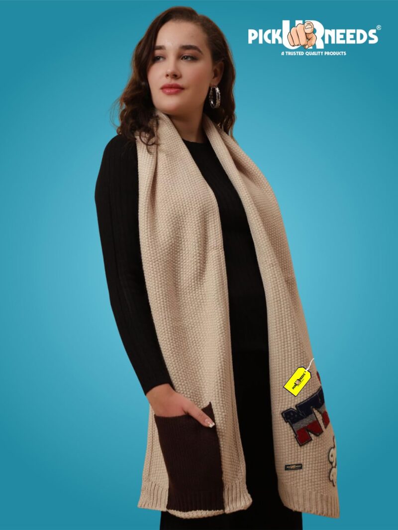 Women Winter Woolen Muffler with Trendy Patch Design Soft Warm Knitted Scarf for Girls & Ladies Stylish Casual Mufflers (Cream) - Image 5