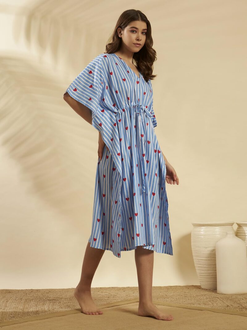 Ravaiyaa - Attitude is everything Women Blue White Striped & Heart Printed Cotton V-Neck Knee Length Kaftan Dress Nighty | Vacation Wear | Beach Wear - Image 2