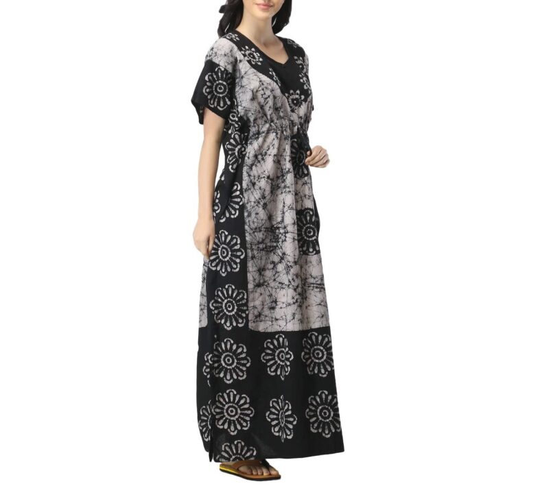 The India's Store Women Batik Kaftan Cotton Night Suit Night Dress Long Caftan Nighty Maxi (White & Black) - Image 3