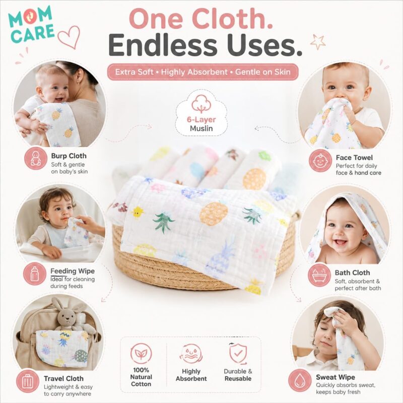 MOM CARE Muslin Cloth for New Born Baby | 6 Layer Soft Cotton | Burp Cloths, Baby Towels, Washcloth, Handkerchief & Feeding Wipe Cloth | Reusable | Pack of 5 - Image 7