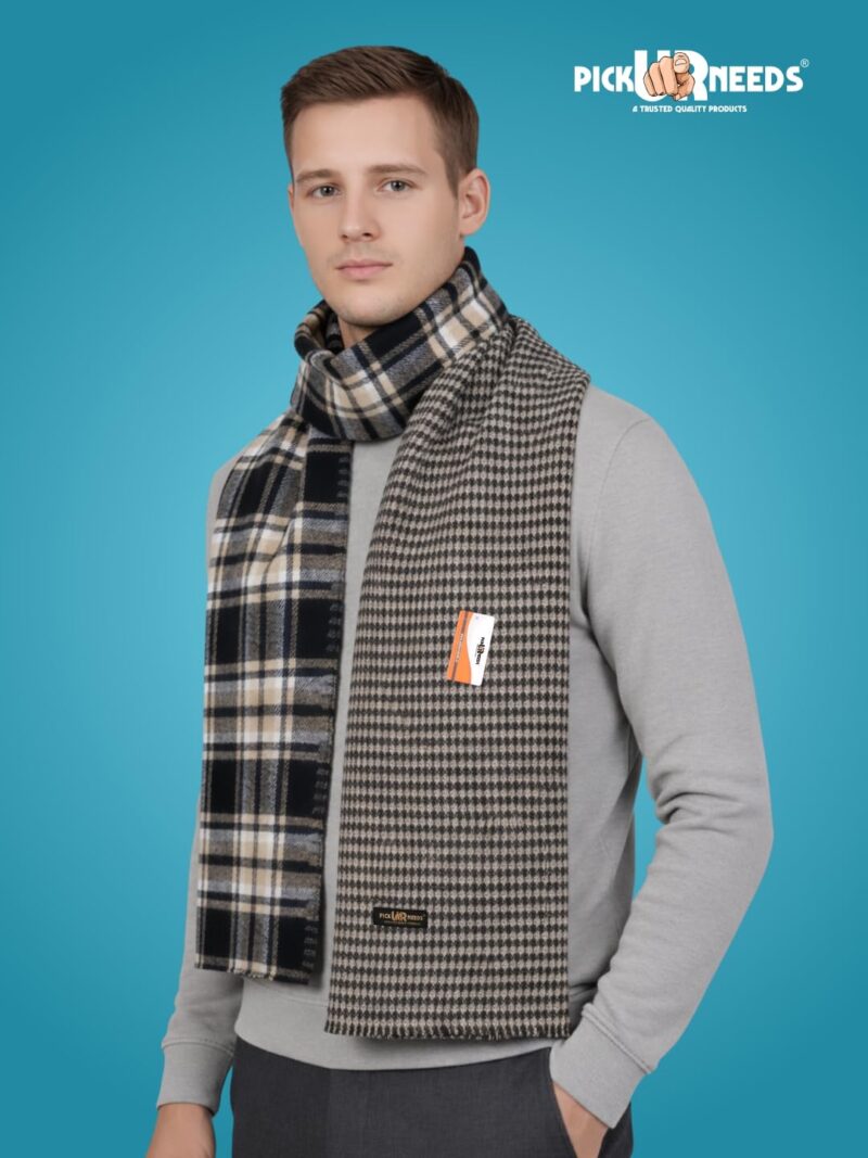 Reversible Winter Muffler for Men | Premium Soft Wool Blend Scarf | Dual-Design Check & Houndstooth Pattern | Warm & Stylish Winter Neck Wrap (Black) - Image 3
