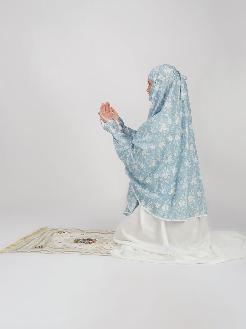 ANAApparels ANA Maham Blue Floral Prayer Dress – Pure Cotton Namaz Makhna with Tie Knot, 40″ Front × 44″ Back | Attached Sleeves | Lightweight, Breathable for Hajj, Umrah & Salah - Image 3