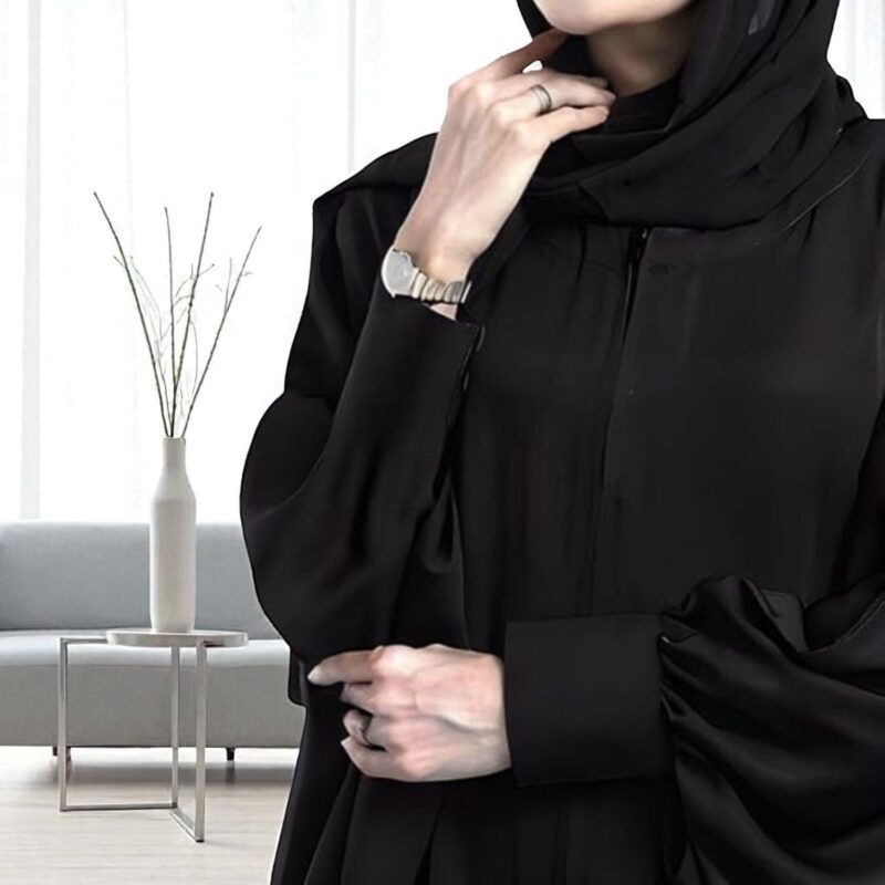 Musheco Black Kaftan Style Front-Open Abaya in Nida Satin Fabric with Zipper – One Size Modest Wear for Women - Image 4
